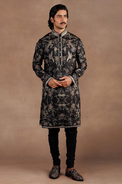 Black oriental embroidered silk kurta set