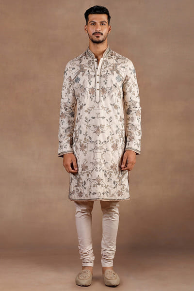 Pearl ivory embroidered printed kurta set