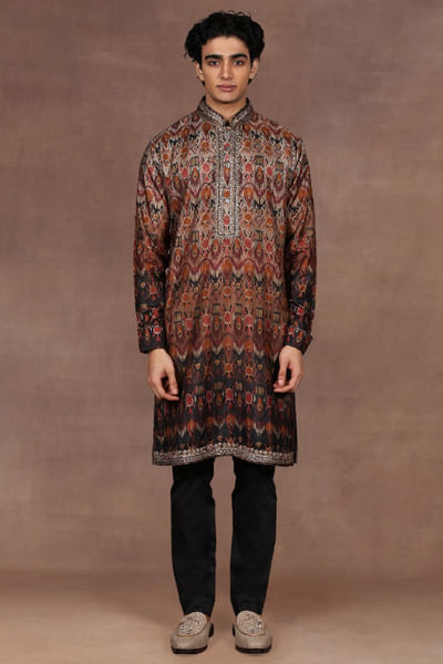 Multicoloured ombre embroidered silk kurta set