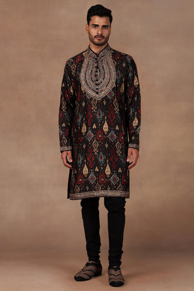 Black multicolour ikat embroidered kurta set