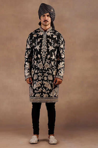 Black embroidered silk kurta set