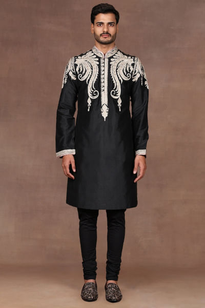 Black resham embroidered silk kurta set