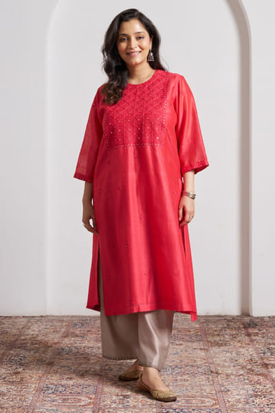 Red pinstripe embroidered kurta