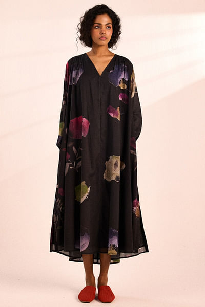 Black floral digital print oversized dress