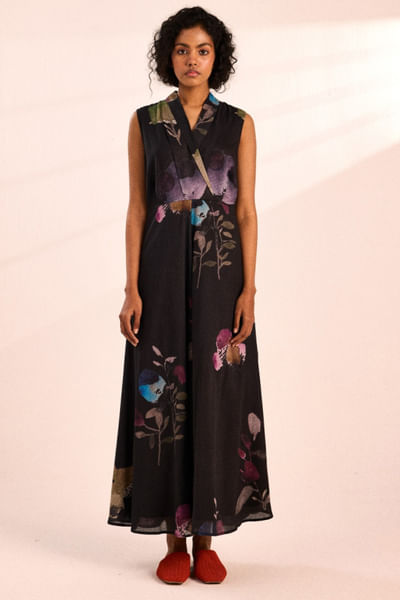 Black abstract floral digital print dress