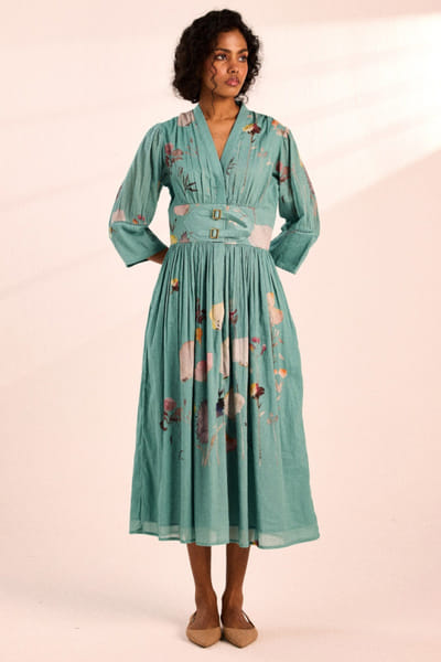 Cyan artsy floral digital print dress