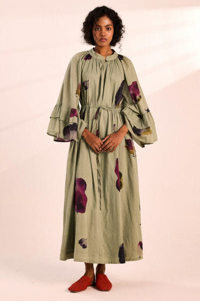 Pale green artsy floral digital print dress