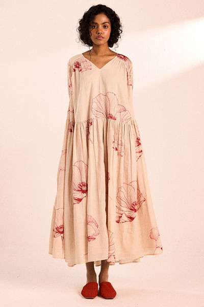 Oat meal floral digital print dress