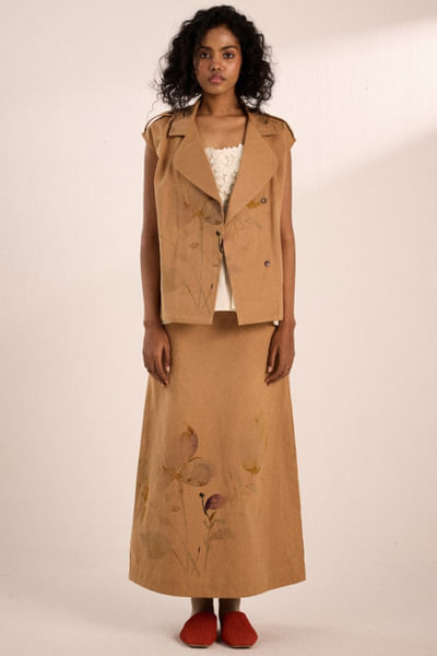 Mocha brown floral print jacket and skirt
