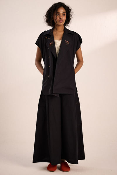 Black floral motif jacket and skirt