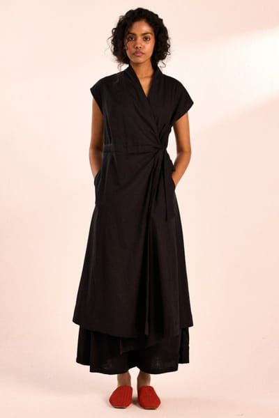 Black wrap-tie tunic and pants