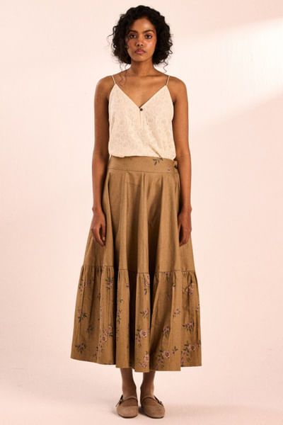Khaki brown floral block printed skirt