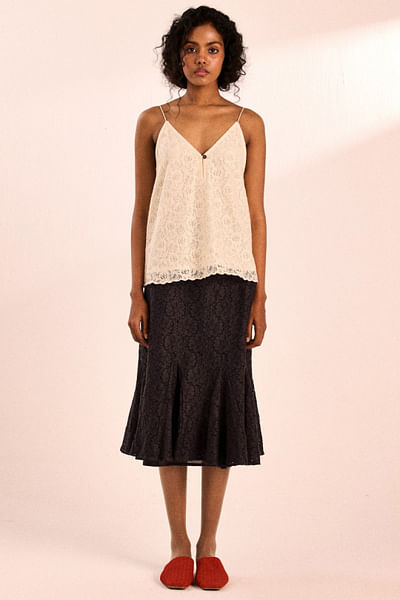 Black cotton lace midi skirt