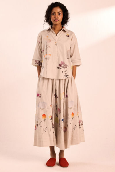Oat meal floral digital print shirt and skirt