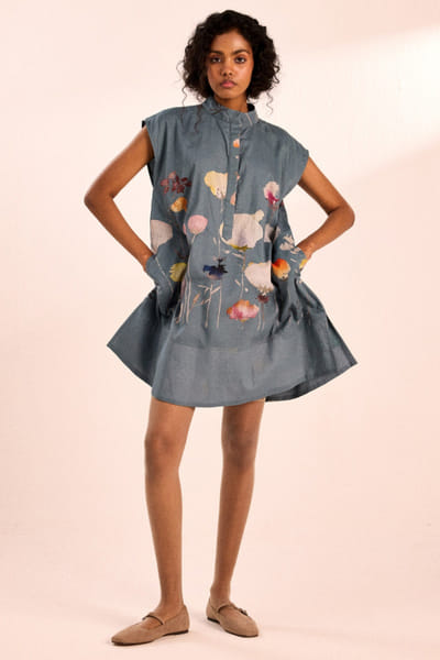 Blue floral digital print short dress