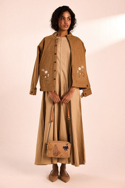 Khaki brown floral embroidered jacket