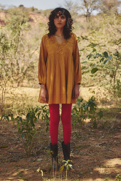 Mustard yellow lace accented dress
