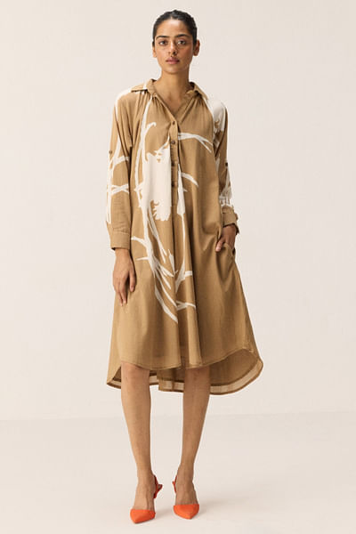 Camel brown abstract printed shirt dress