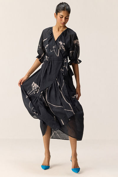 Bluish black floral printed dress