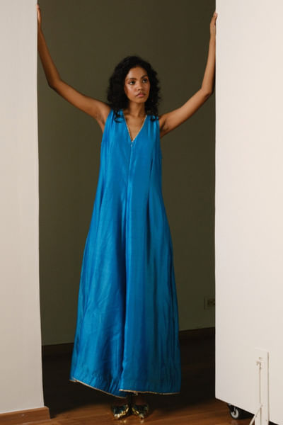 Blue chanderi silk jumpsuit