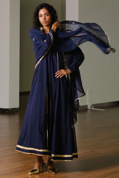 Navy blue embroidered kota doria silk dupatta