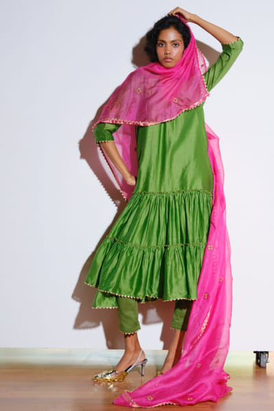 Green and pink chanderi silk kurta set