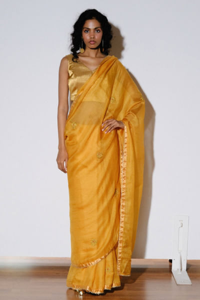 Mustard bijiya gota embroidered silk sari set