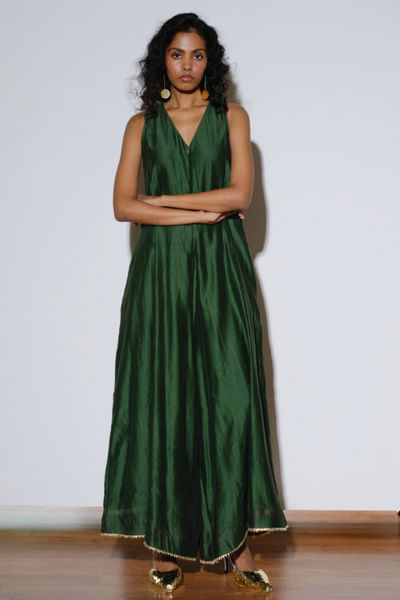 Emerald green chanderi silk jumpsuit