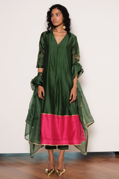 Green and pink embroidered kurta set