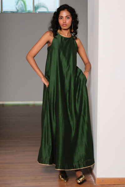 Green chanderi silk halter-neck maxi dress