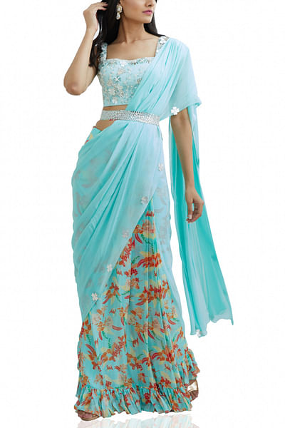 Aqua printed sari