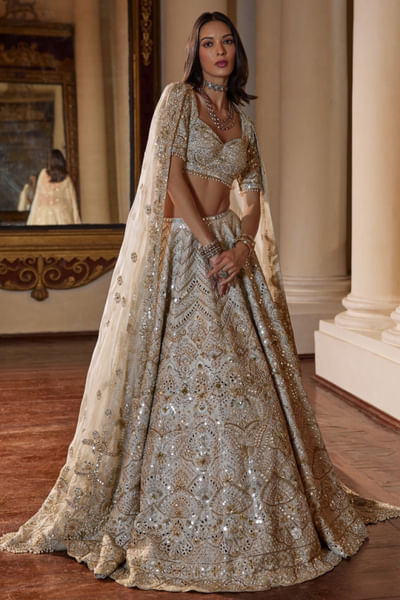 Cream zardozi embroidered lehenga set