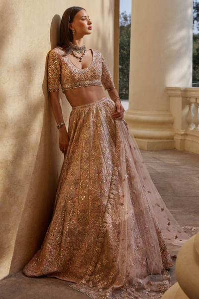 Rose pink mirror embroidered lehenga set