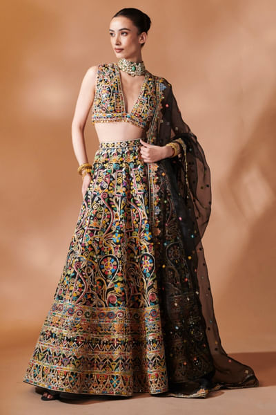 Black resham embroidered lehenga set
