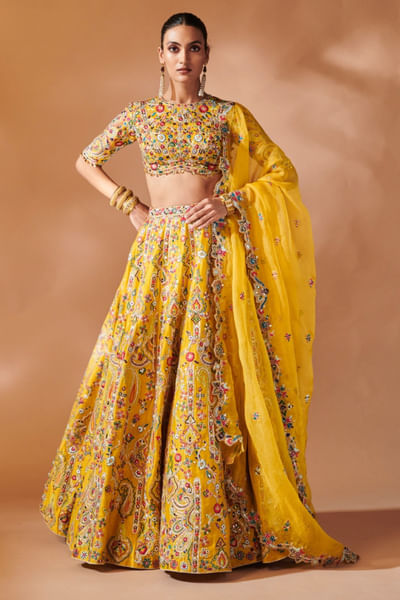 Mustard resham embroidered lehenga set