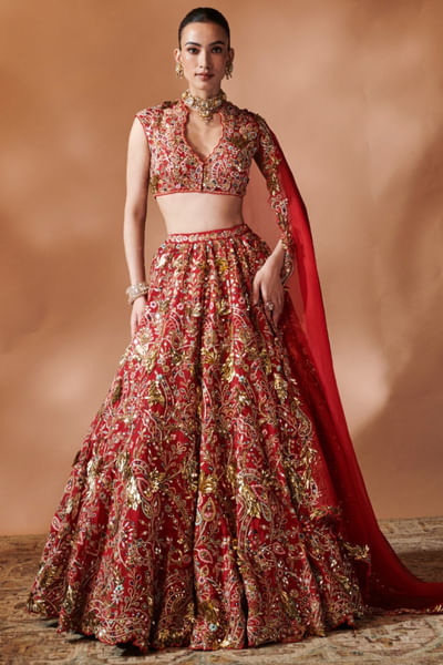 Red resham embroidered lehenga set