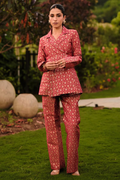 Red woven floral co-ords