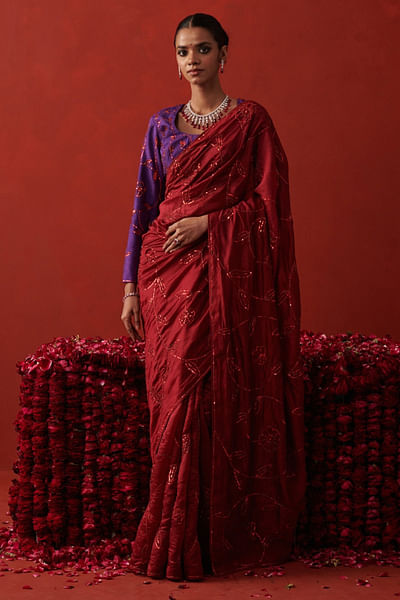 Red floral embroidered sari