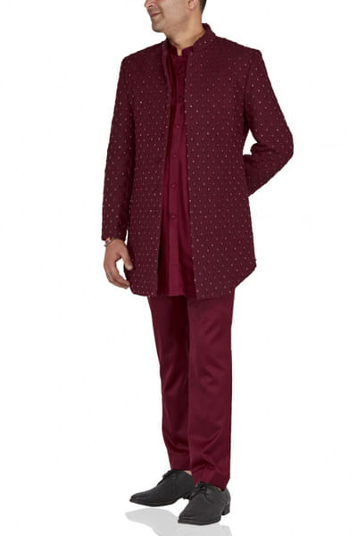 Maroon embroidered bandhgala set