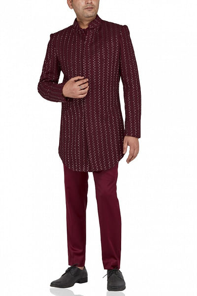 Maroon striped bandhgala set