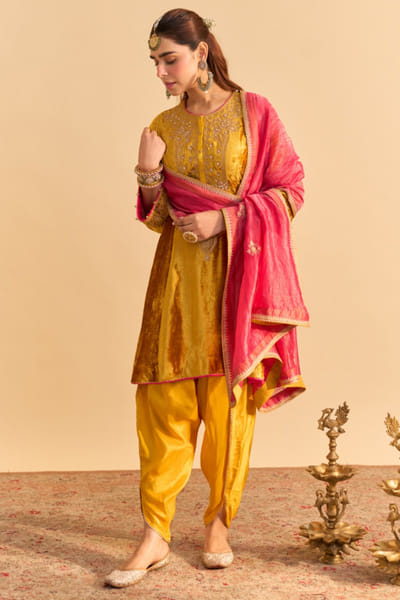 Mustard embroidery velvet choga set