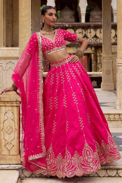 Hot pink zari embroidered lehenga set