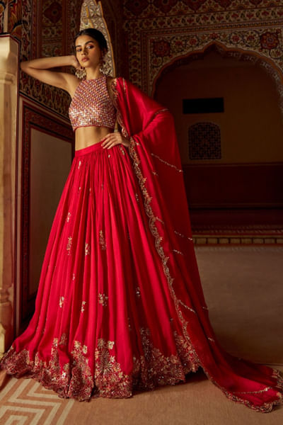 Red zari embroidered lehenga set