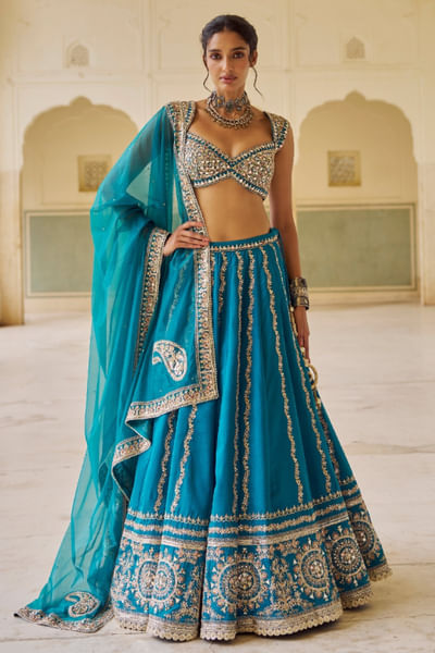Teal blue zari embroidered lehenga set