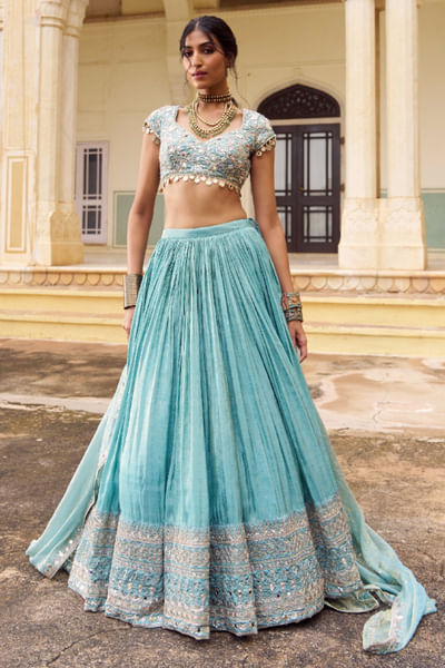 Mint blue mirror embroidered lehenga set