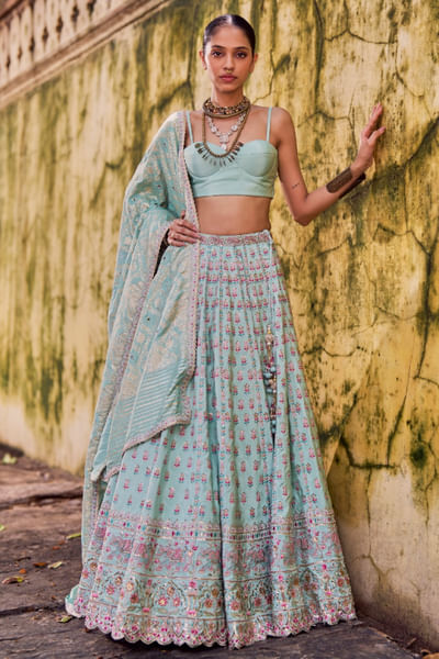 Mint green embroidered lehenga set