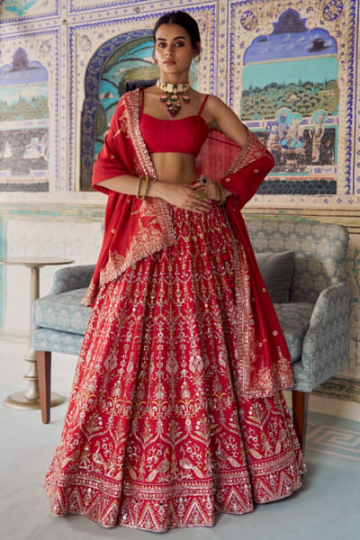 Red mirror embroidered lehenga set