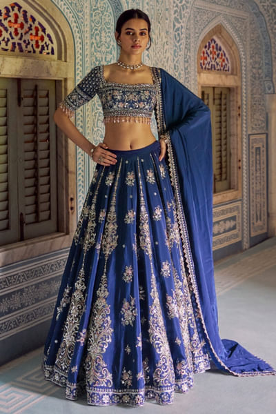 Navy blue mirror embroidered lehenga set