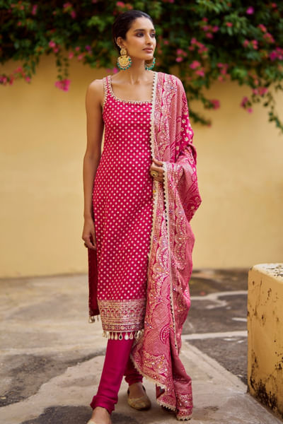 Hot pink embroidered kurta set