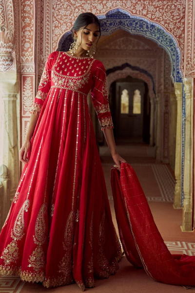 Red sequin embroidered anarkali set